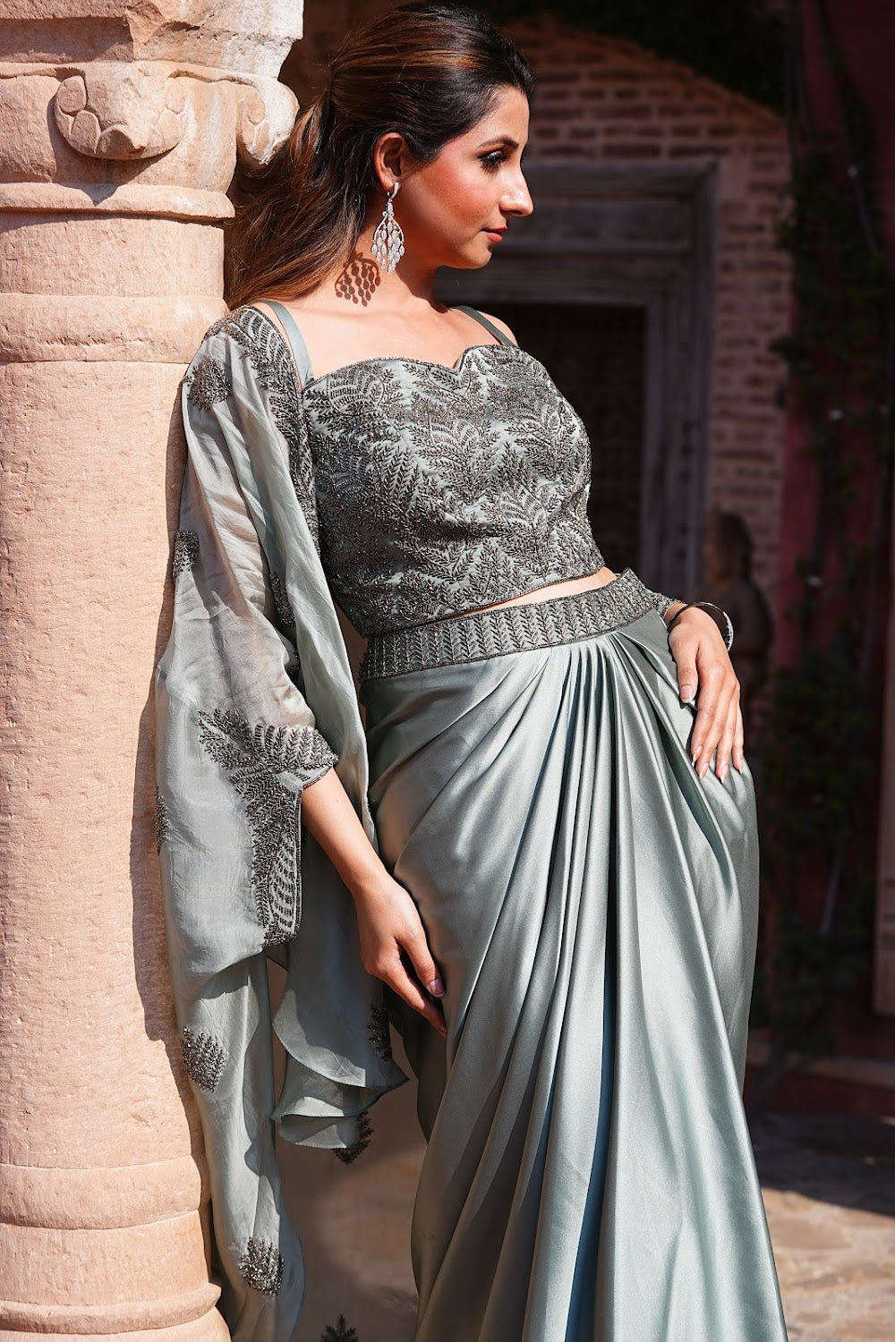 Sage Cowl Cape Set by Bhawika Sachdeva - view 2