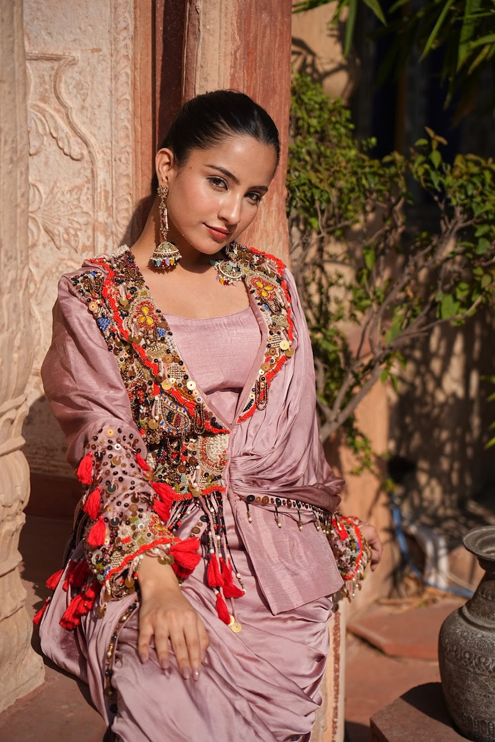 Dusty Rose Drape Indo Western Set by Bhawika Sachdeva - view 2