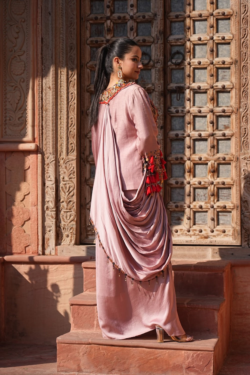Dusty Rose Drape Indo Western Set by Bhawika Sachdeva - view 7