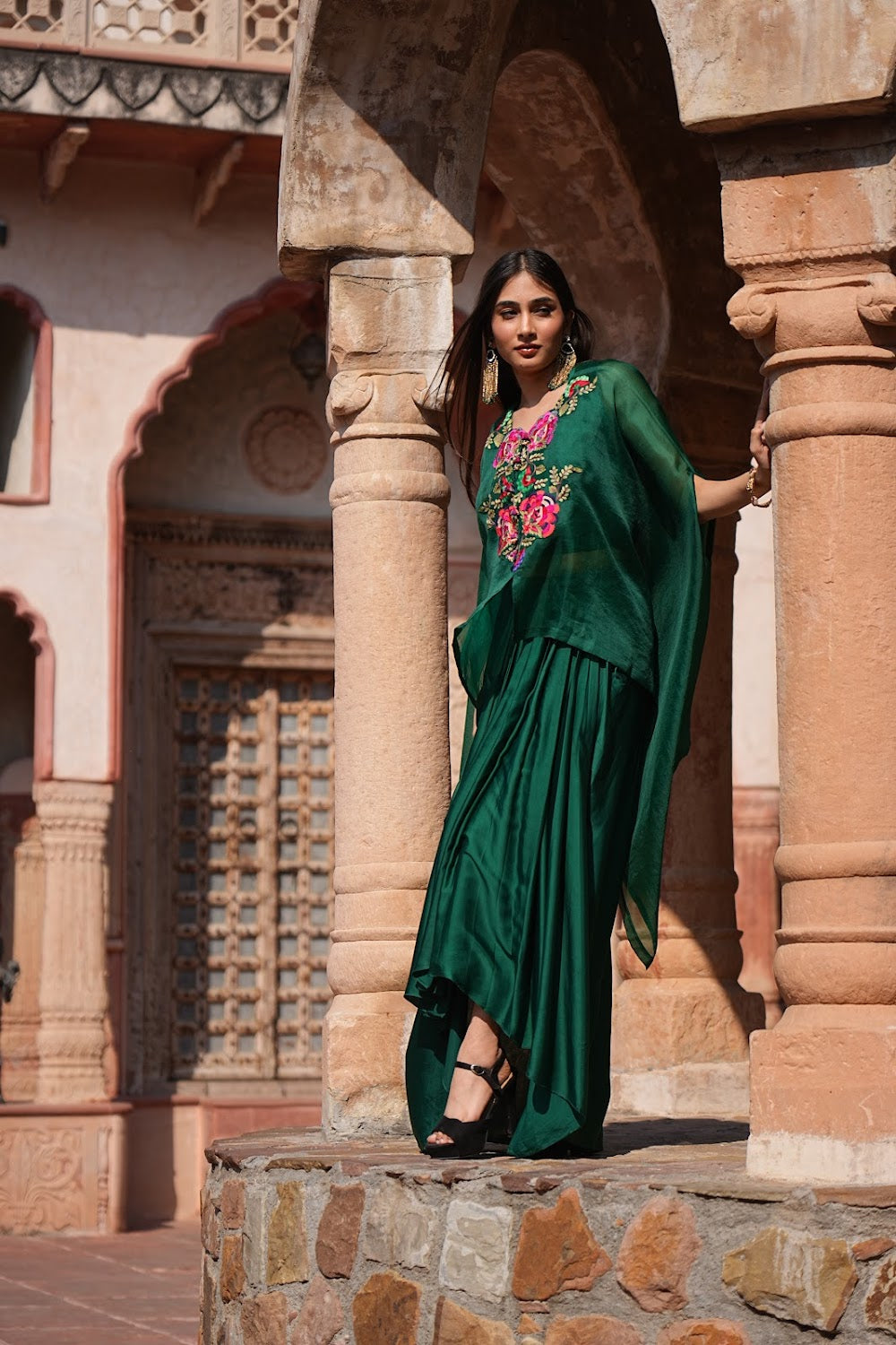 Gulnaar Emerald Cape Set by Bhawika Sachdeva