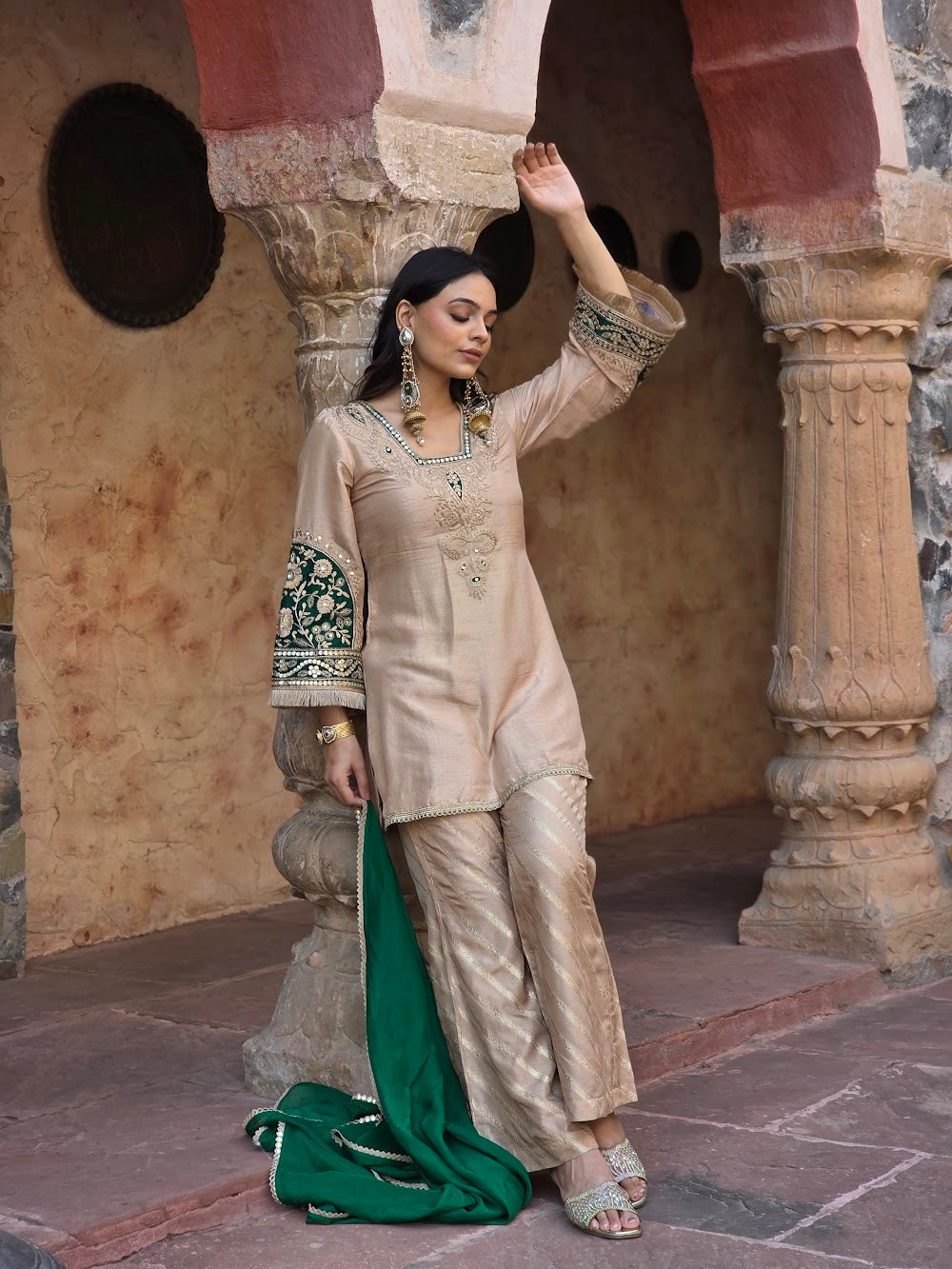 Wide Pant Suit with Green Dupatta