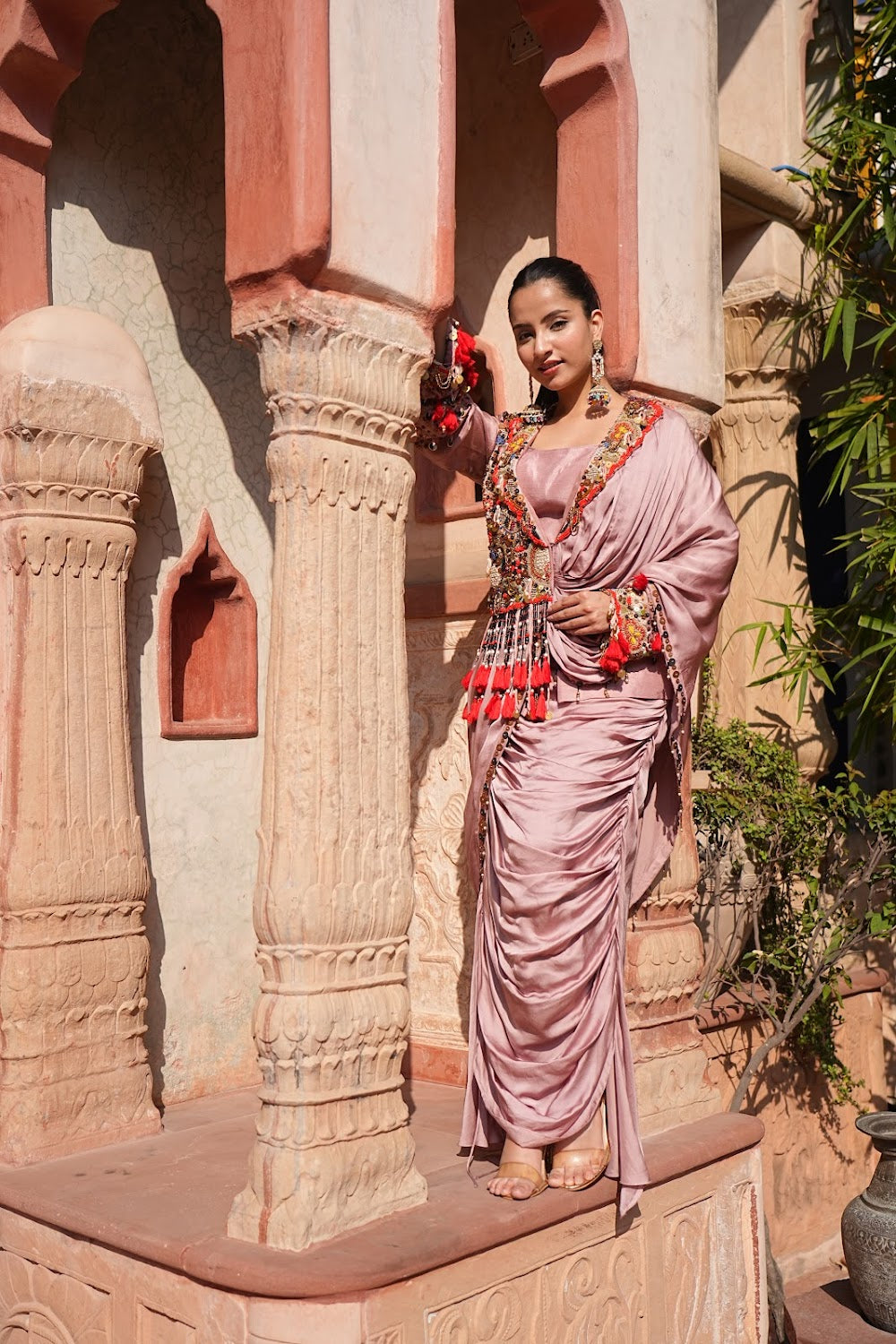 Dusty Rose Drape Indo Western Set by Bhawika Sachdeva - view 3