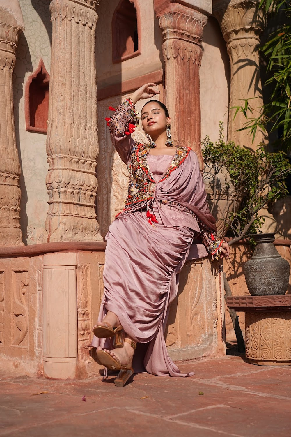 Dusty Rose Drape Indo Western Set by Bhawika Sachdeva
