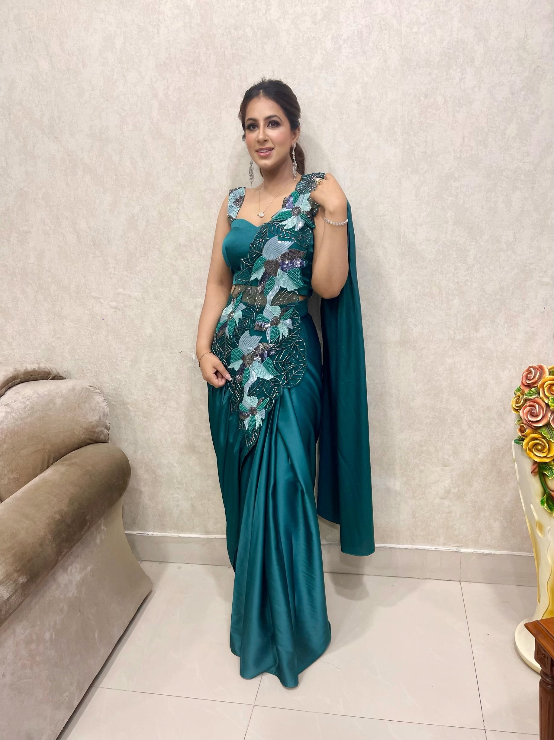 Teal Bloom Couture Drape Saree
