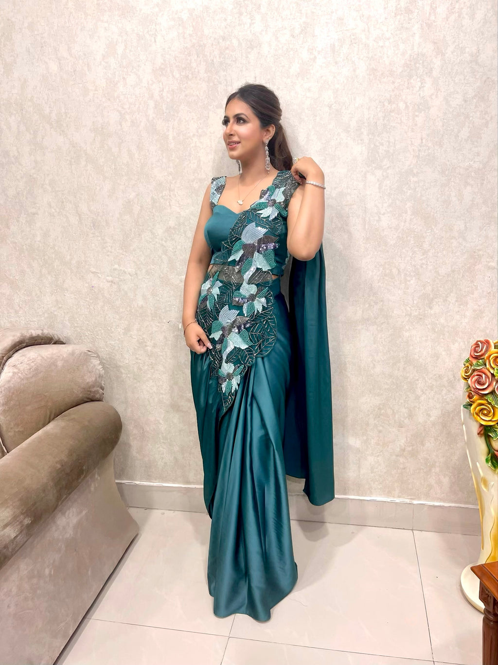Teal Bloom Couture Drape Saree