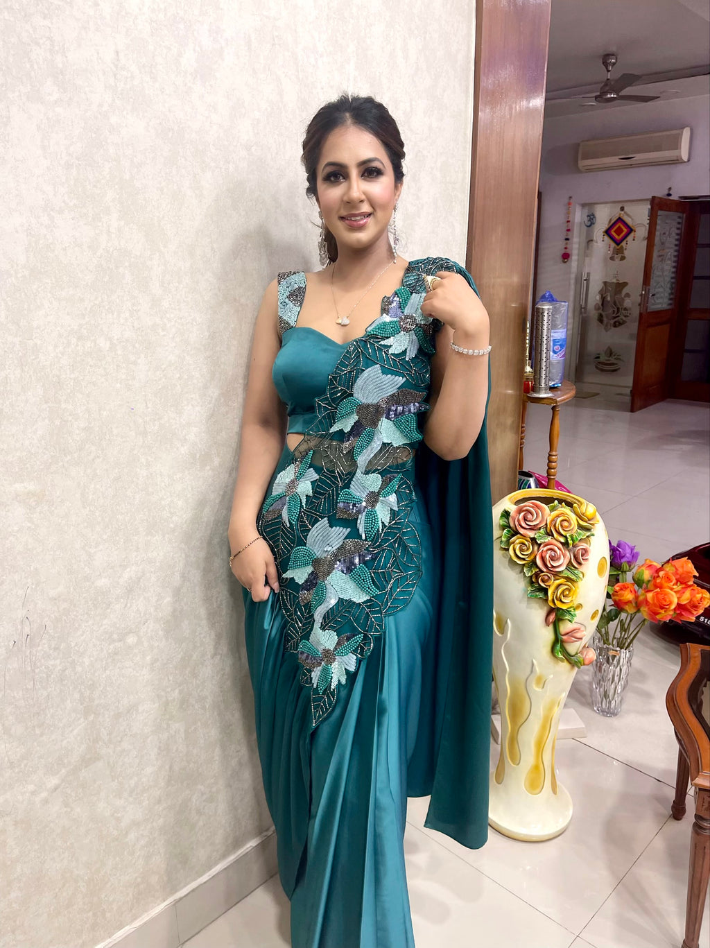 Teal Bloom Couture Drape Saree