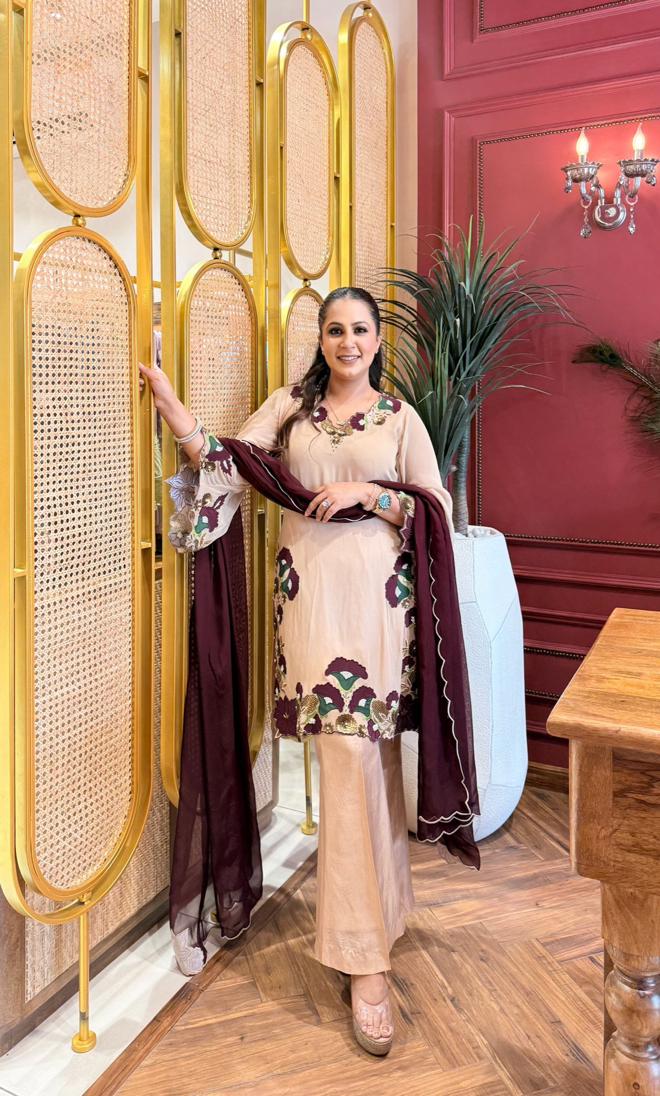 Beige Appliqué Suit Set