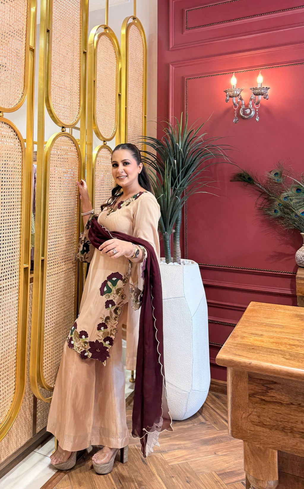 Beige Appliqué Suit Set