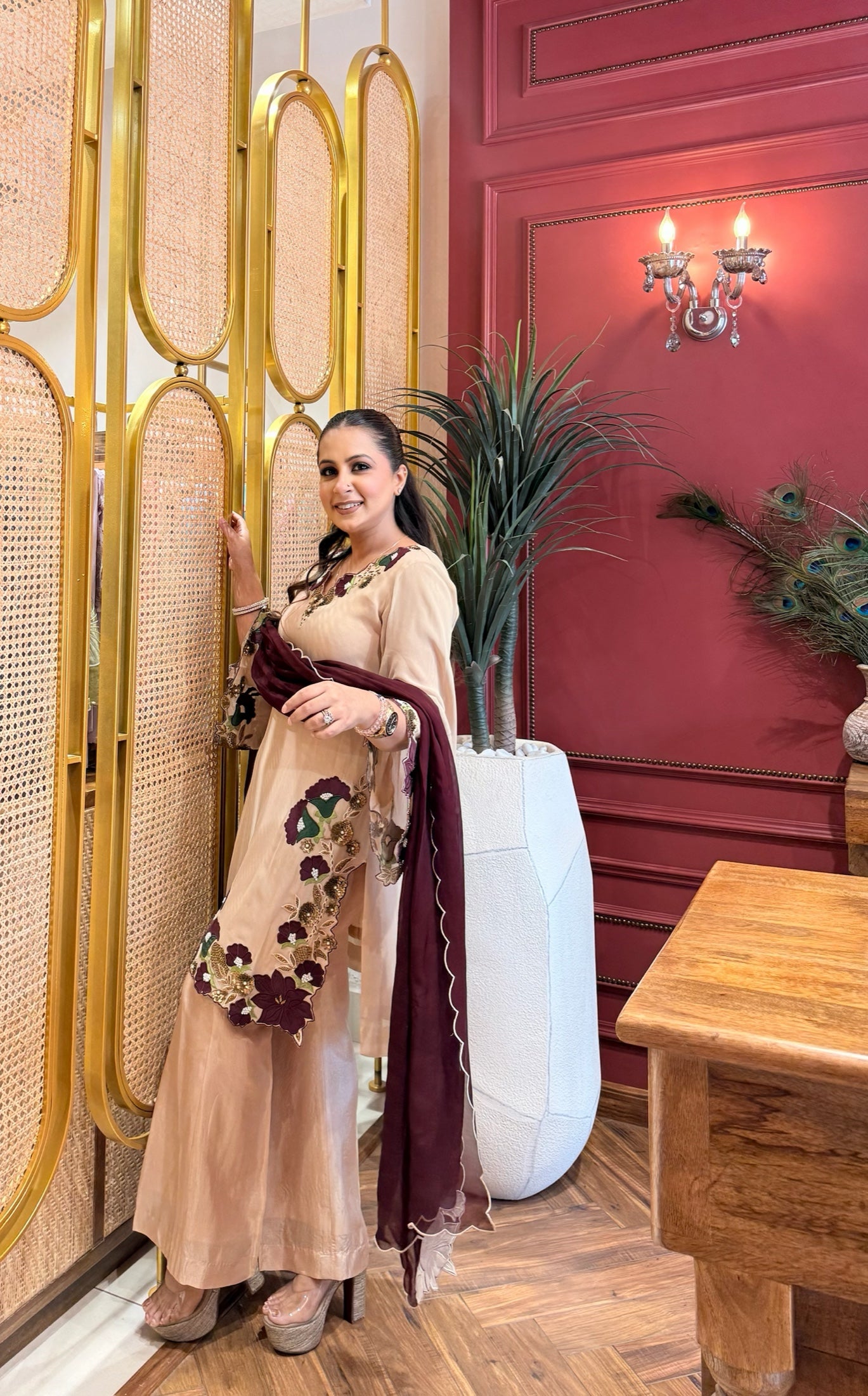 Beige Appliqué Suit Set