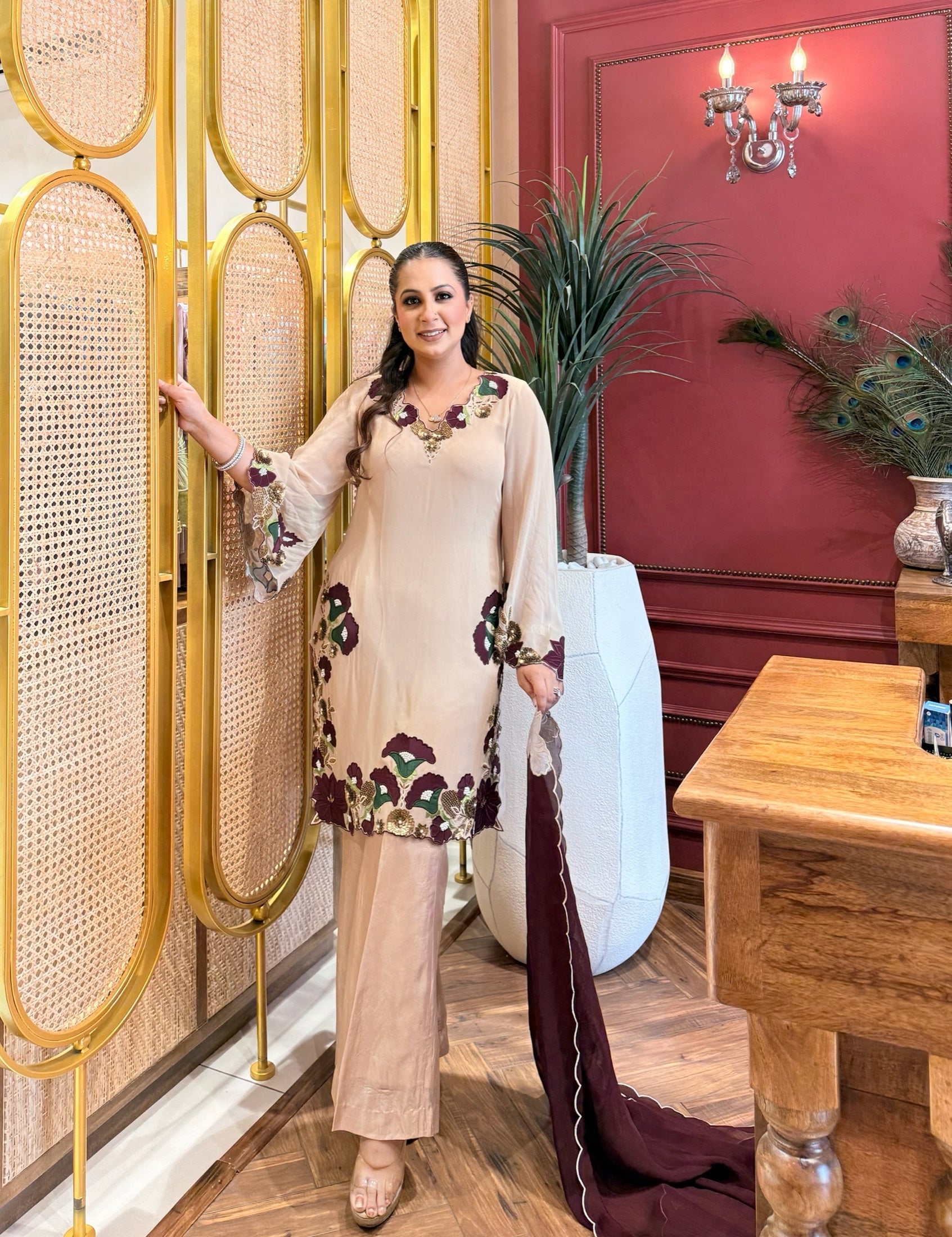 Beige Appliqué Suit Set