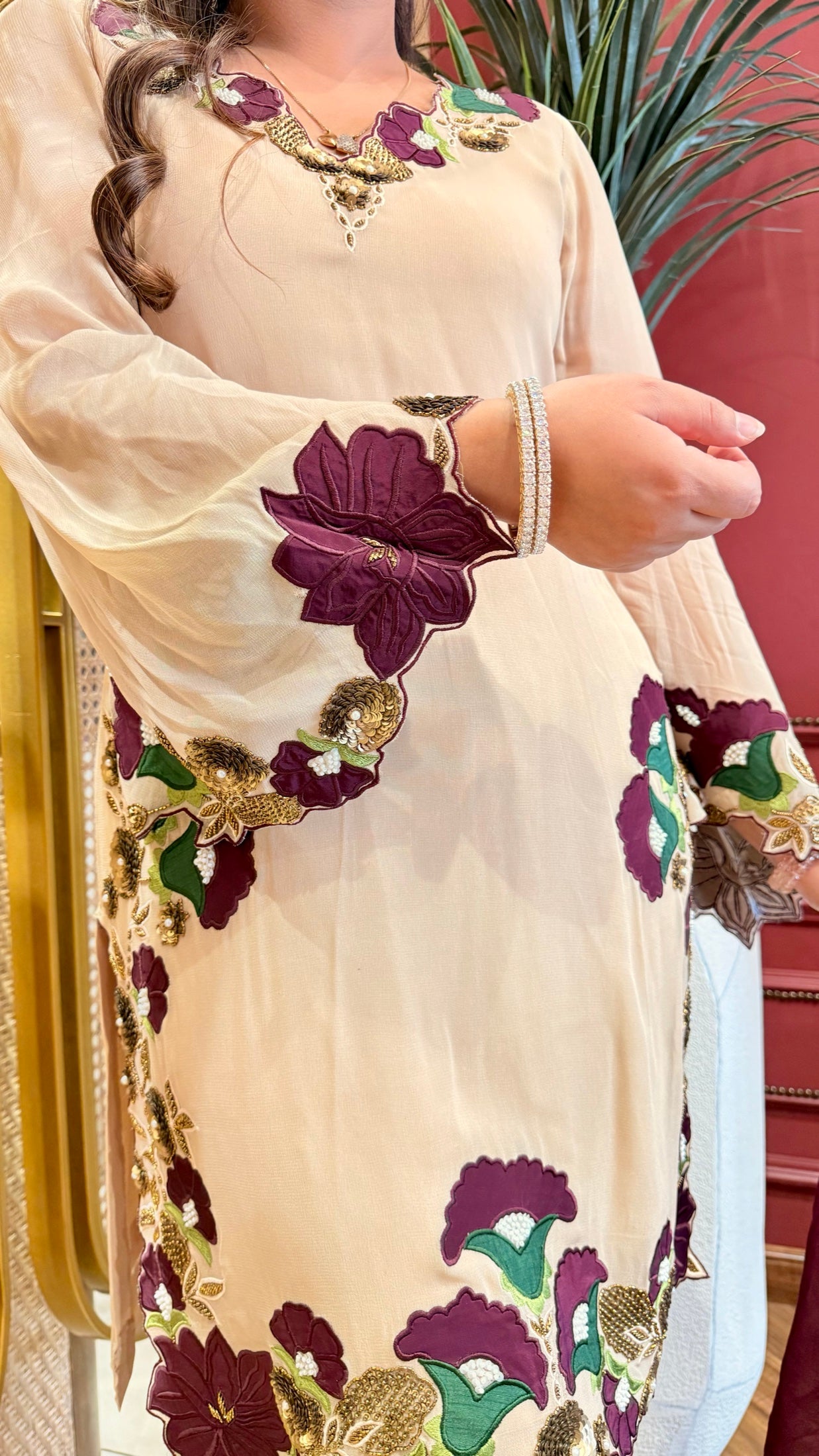 Beige Appliqué Suit Set