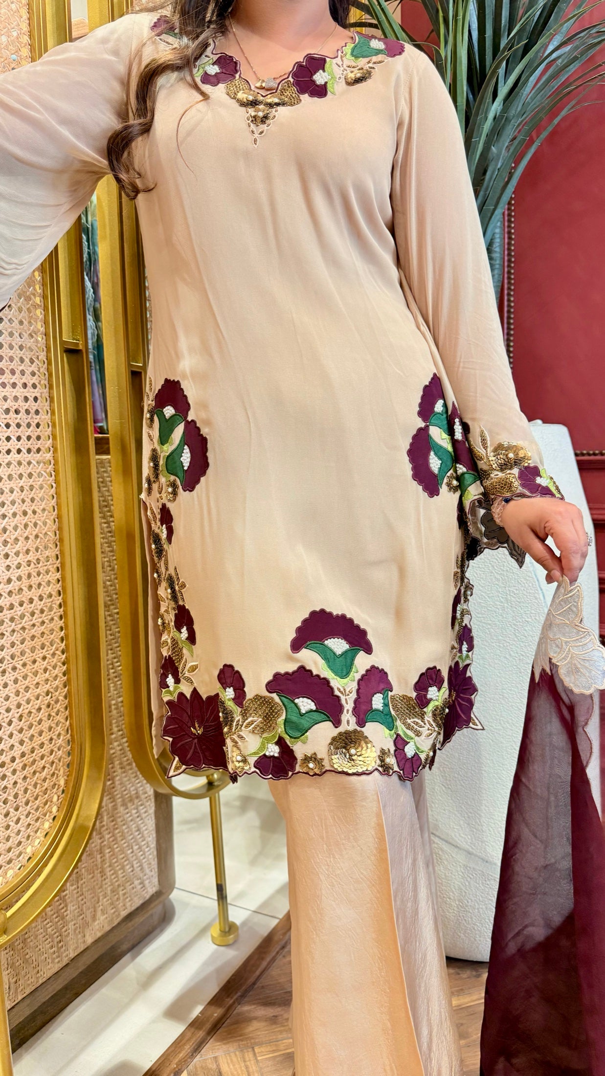 Beige Appliqué Suit Set