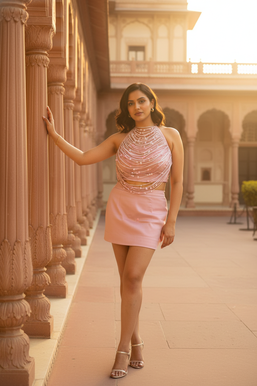 Editorial brand campaign shot of model in pink French satin halter skirt set with hand-strung beaded fringe, standing beside a sandstone palace pillar at golden hour