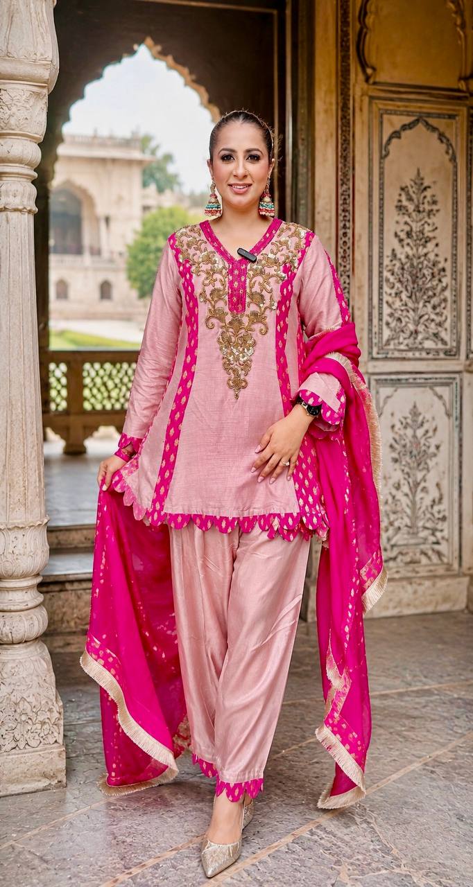 Blush Pink Silk Embroidered Kurta Set