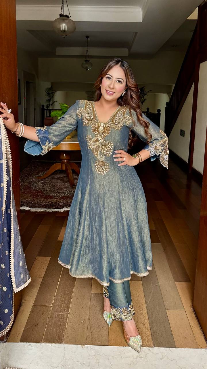 Crush Tissue Hand Embroidered Anarkali